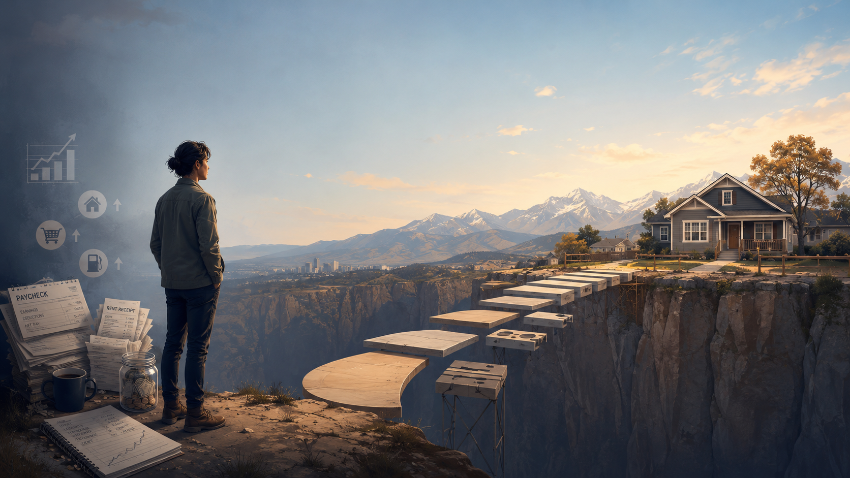 A person stands before a widening gap between their financial reality and a modest home, with stepping stones suggesting alternative paths forward.